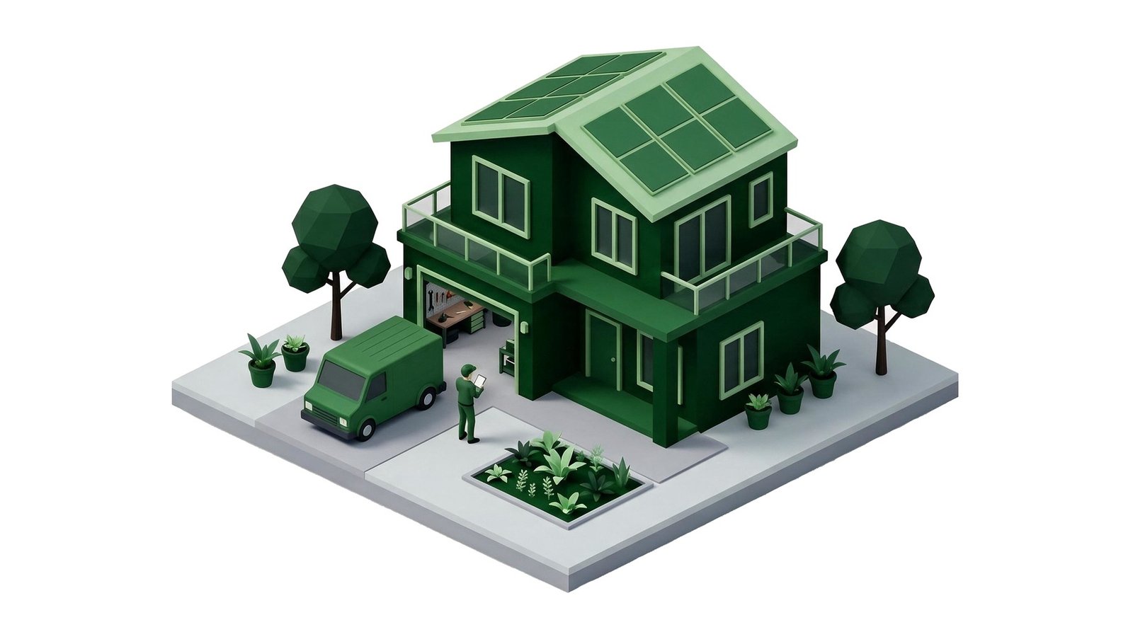 Rendu 3D isométrique d’une maison écologique verte au toit de panneaux solaires et d’un petit jardin sur une base grise